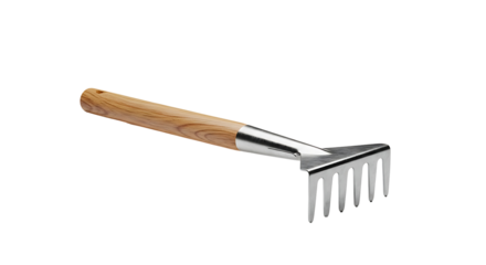 A small, garden rake with a light brown wooden handle and metallic tines sits against a black background.