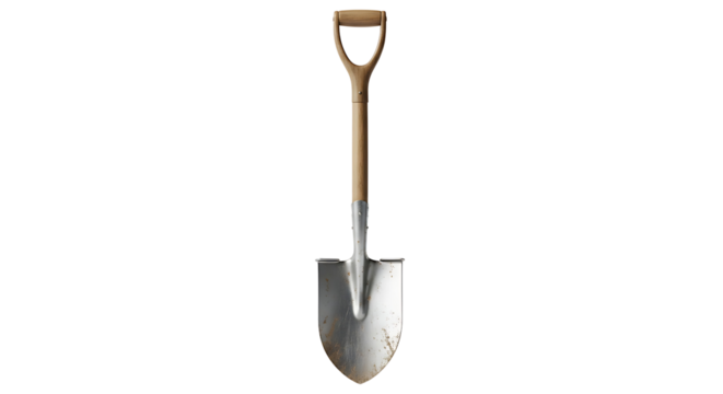 A sturdy shovel with a light brown handle and a gray metal blade stands out against a dark backdrop.