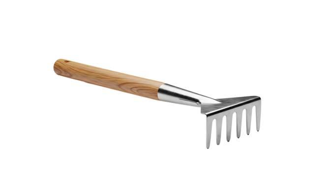 A small, garden rake with a light brown wooden handle and metallic tines sits against a black background.