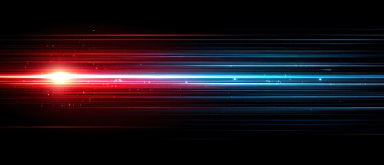 Abstract image featuring horizontal lines of red and blue light emanating from a bright center on a black background, giving a sense of speed and motion