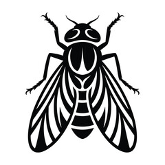 Stylized black and white silhouette of a housefly insect illustration