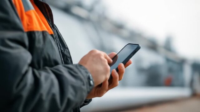 Airport worker using smartphone with checking flight schedule near control tower, and outdoors.