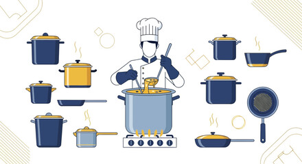 Chef Cooking In A Restaurant Kitchen With A Collection Of Cookware Elements