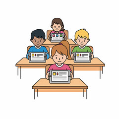 Elementary school children using tablets in a classroom setting.