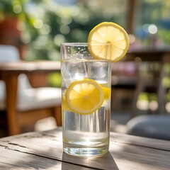 Refreshing glass of lemonade with ice and lemon slices in outdoor setting