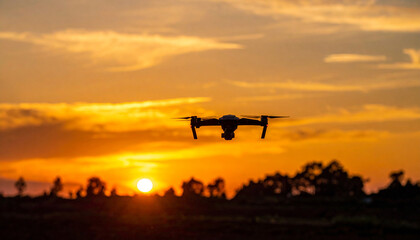 Drone Flying Over Sunset Landscape.