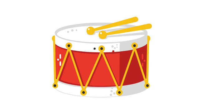 Red and White Toy Drum with Yellow Drumsticks.