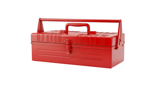 A vibrant red metal toolbox is presented against a stark black background.