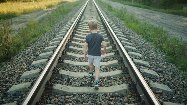 back view of boy in casual outfit walking alone on rail track surrounded by gravel and vegetation, long perspective view stretching into distance, calm rural setting with roadside