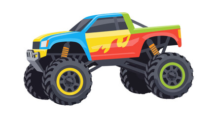 Colorful Monster Truck Toy with Oversized Wheels and Flame Decals. © Ilma