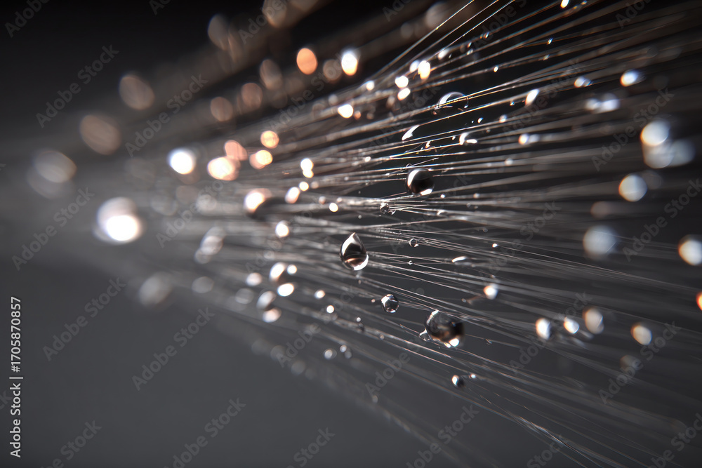Poster delicate strands shine with tiny droplets, creating a captivating light display against a dark backd