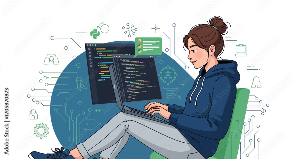 Wall mural coding enthusiast working on a laptop, programming software, data science solutions