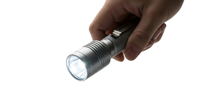 A metallic flashlight illuminates a dark background, highlighting its bright light source.
