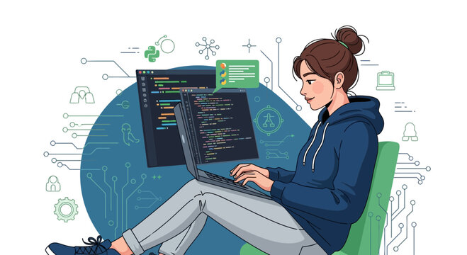 Coding Enthusiast Working On a Laptop, Programming Software, Data Science Solutions