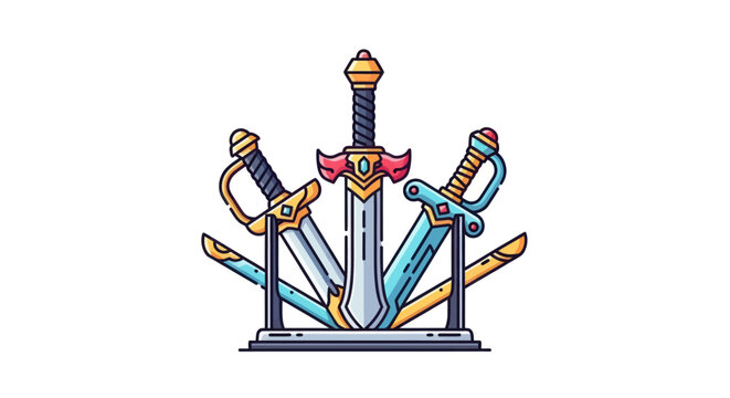A cartoon illustration of three ornate fantasy swords displayed on a weapon rack.