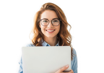 Young woman with wavy reddish-brown hair and glasses smiles holding a clipboard transparent background