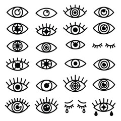 Set of minimalist black line art eye symbols featuring esoteric allseeing and crying designs.