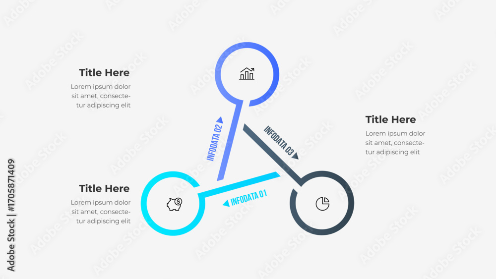 Aufkleber infographic with three connected circular elements and business icons, offering modern and dynamic v