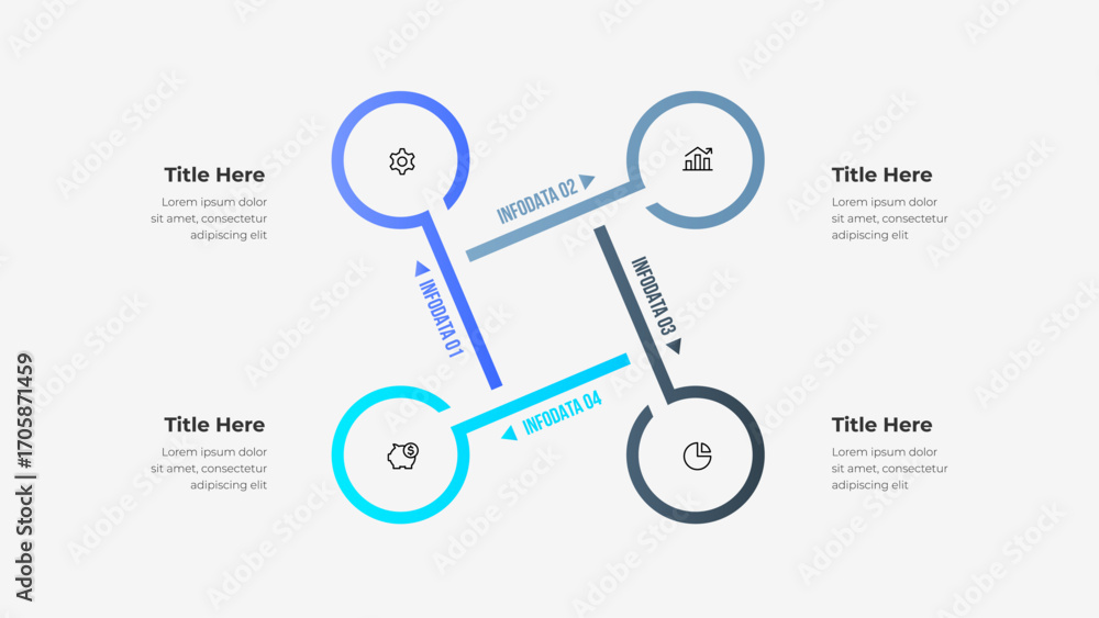 Aufkleber infographic depicting a four step process with circular segments and business icons for organization