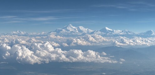 Aerial view of snow-capped mountains piercing through a sea of fluffy white clouds under a clear blue sky on a bright, sunny day