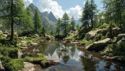 Serene alpine scene features a crystal-clear stream reflecting mountains, rocks, and trees, under a partly cloudy sky. A tranquil, natural landscape
