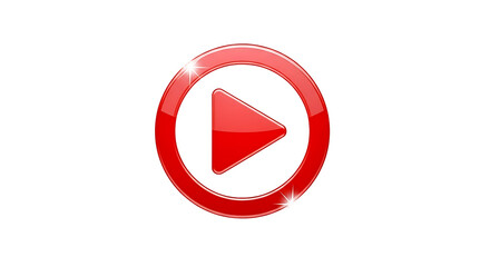 A vibrant red play button icon, set against a striking black background, with a glossy, reflective finish, creates a bold visual.