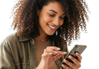 Young woman with voluminous curly brown hair smiling while using smartphone close up shot transparent background