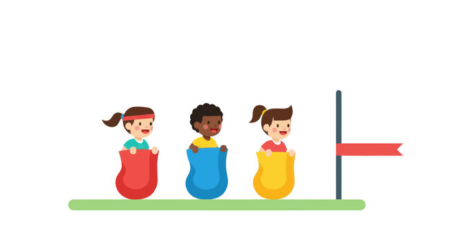 Three Children Competing in a Sack Race at Finish Line.