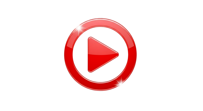 A vibrant red play button icon, set against a striking black background, with a glossy, reflective finish, creates a bold visual.