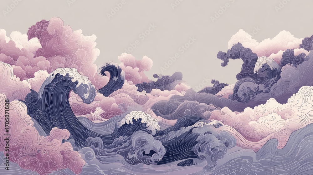 Poster abstract waves with swirls and clouds in soft pastel colors