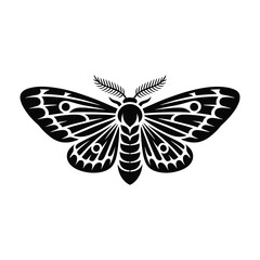 Intricate black and white linocut style moth illustration with detailed wing patterns