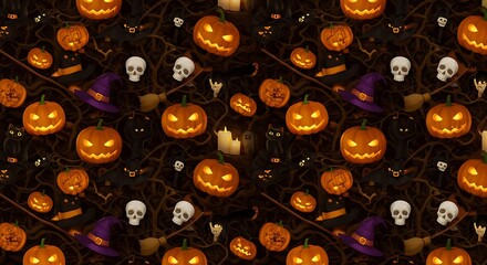 A halloween themed pattern featuring pumpkins, black cats, skulls, and witches hats on a dark background