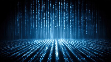 An array of vertically descending and horizontally aligned blue binary code is shown, suggesting data streaming, cyberspace or technological concepts