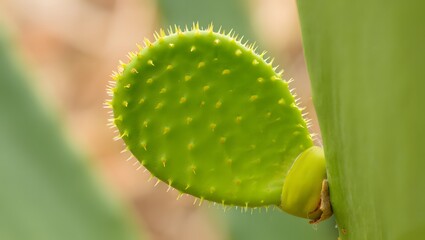 Fototapeta premium Close-up of vibrant green prickly pear cactus pad, showcasing delicate spines and budding growth; natural, organic texture.