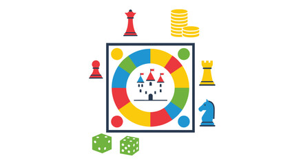 Ludo Board Game with Colorful Spaces and Pieces Dice and a Central Castle. © Ilma