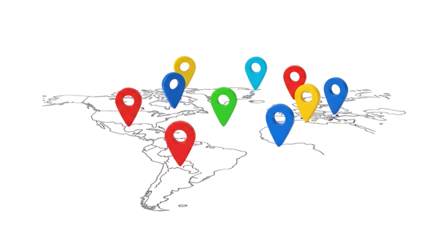 Multicolored location markers are placed across a world map, highlighting various international points.