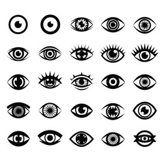 Set of twentyfive stylized black and white eye icons featuring various abstract and graphic designs.