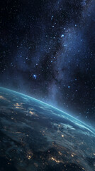 Fototapeta premium Outer Space with Stars and Earth in Lower Right Corner – Futuristic Cosmos View, Digital Backdrop