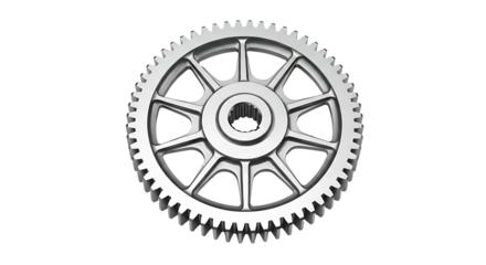 A detailed, metallic gear wheel, with intricate design, against a stark black background, portrays precision and mechanical function.