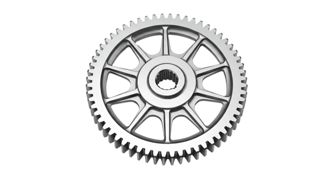 A detailed, metallic gear wheel, with intricate design, against a stark black background, portrays precision and mechanical function.