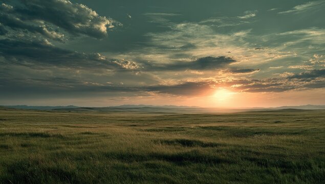 Serene sunset over a vast, grassy plain, muted colors in the sky, dark clouds above the setting sun, distant rolling hills - Powered by Adobe