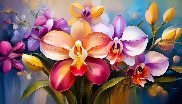 A Stunning Oil Painting Of A Vibrant Orchid Bouquet Detailed Floral Still Life Masterful Color And Light Evoking