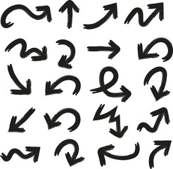 Hand-drawn doodle arrow set, black arrows in different directions, curved, straight, circular and wavy line art arrow collection, vector illustration for design and decoration