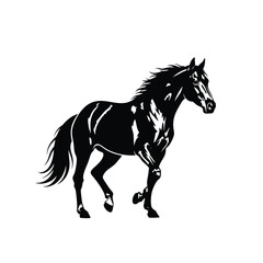 Stylized black and white graphic illustration of a powerful trotting horse with a flowing mane.
