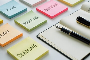 Colorful sticky notes and planner with pen arranged on the desk
