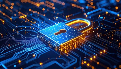 Cybersecurity Concept with Illuminated Padlock on Circuit Board in Blue and Orange Tones Depicting Data Protection and Digital Safety