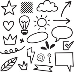 Hand-drawn doodle elements set, black line art icons including arrows, hearts, stars, clouds, flowers, speech bubbles, swirls and decorative shapes, vector illustration for design and decoration