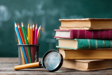 Still life colorful pencils, magnifying glass, and old, stacked books sit on a rustic wooden desk against a blurred blackboard background