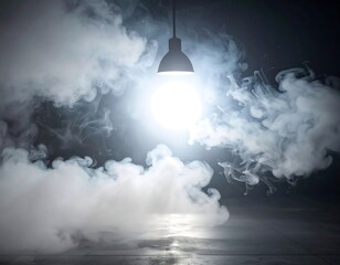 Dark room, smoky, bright lightbulb