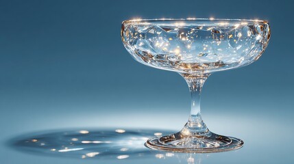 A crystal champagne coupe, sparkling with inner light, stands on a reflective surface against a muted blue background